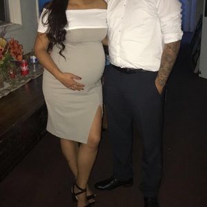 Off shoulder Maternity bodycon open slit dress.